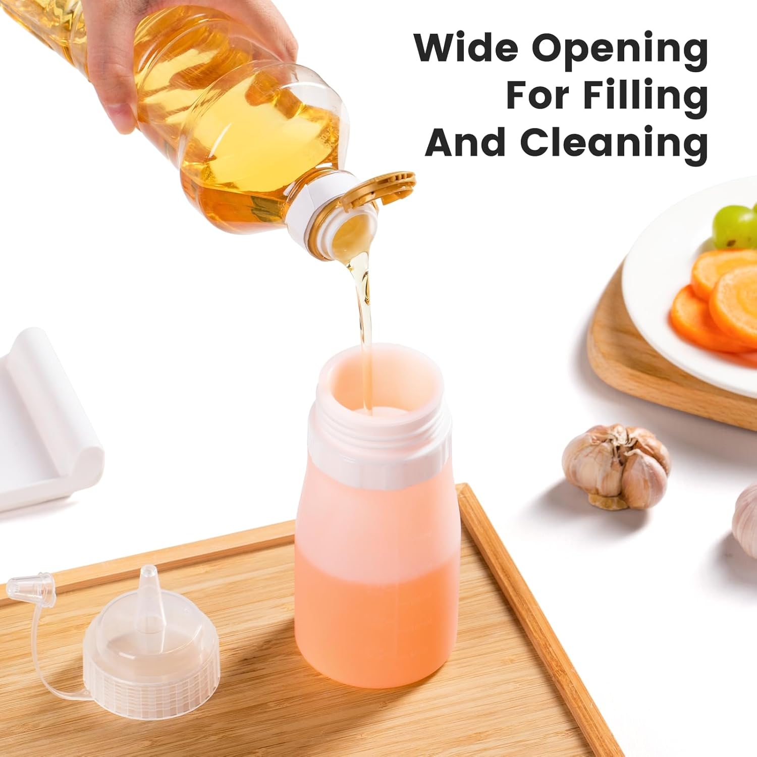 12oz Silicone Squeeze Bottles for Sauces & Oil, 4 Pack, Pink | Leak Proof Condiment Containers, Interchangeable Extra Lid, Food Grade, BPA Free Easy Squeeze for Honey, Ketchup & Dressing