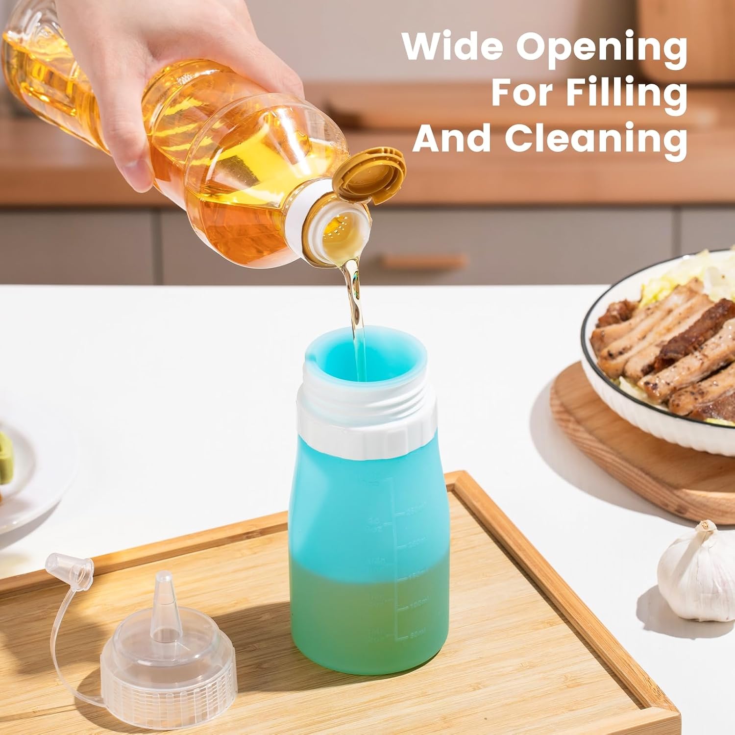 12oz Silicone Squeeze Bottles for Sauces & Oil, 4 Pack, Pink | Leak Proof Condiment Containers, Interchangeable Extra Lid, Food Grade, BPA Free Easy Squeeze for Honey, Ketchup & Dressing