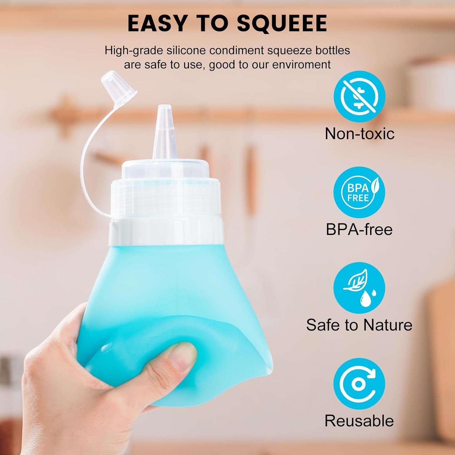 12oz Silicone Squeeze Bottles for Sauces & Oil, 4 Pack, Pink | Leak Proof Condiment Containers, Interchangeable Extra Lid, Food Grade, BPA Free Easy Squeeze for Honey, Ketchup & Dressing