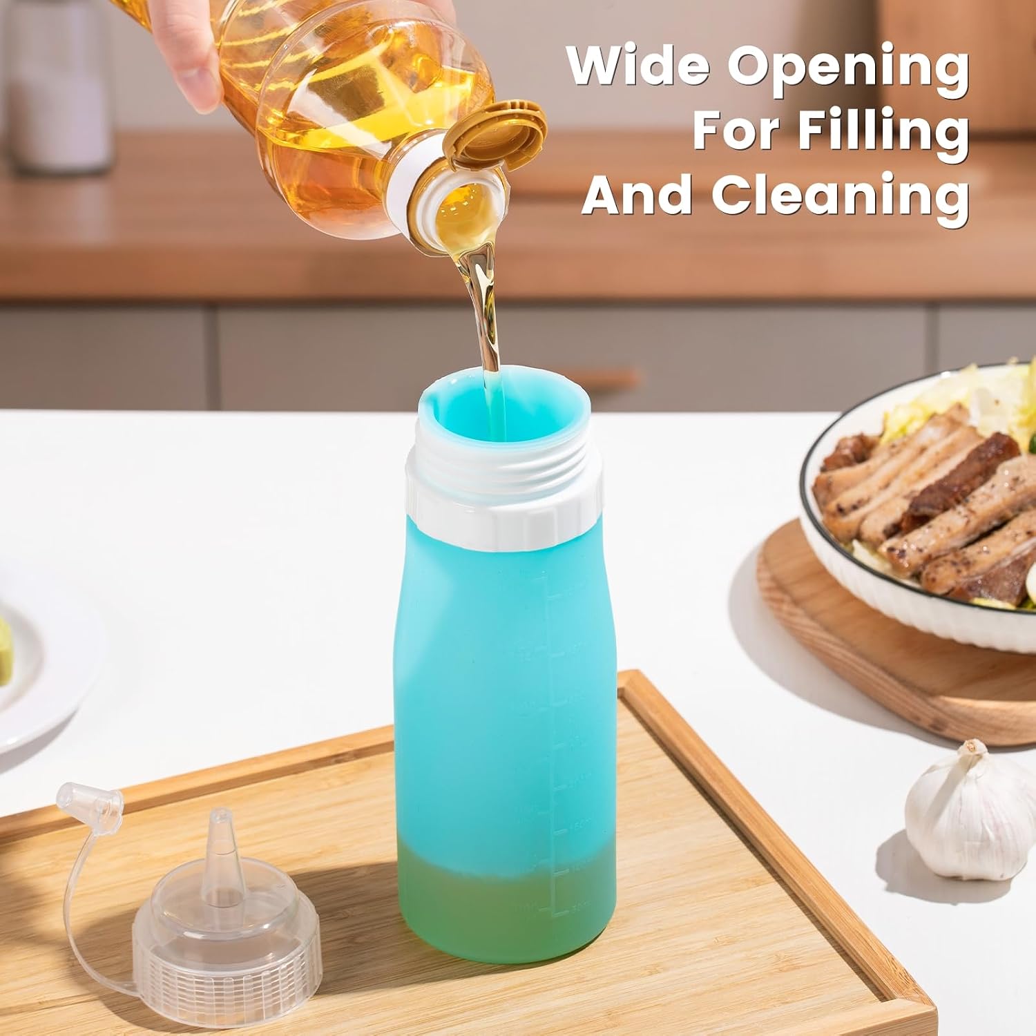 12oz Silicone Squeeze Bottles for Sauces & Oil, 4 Pack, Pink | Leak Proof Condiment Containers, Interchangeable Extra Lid, Food Grade, BPA Free Easy Squeeze for Honey, Ketchup & Dressing