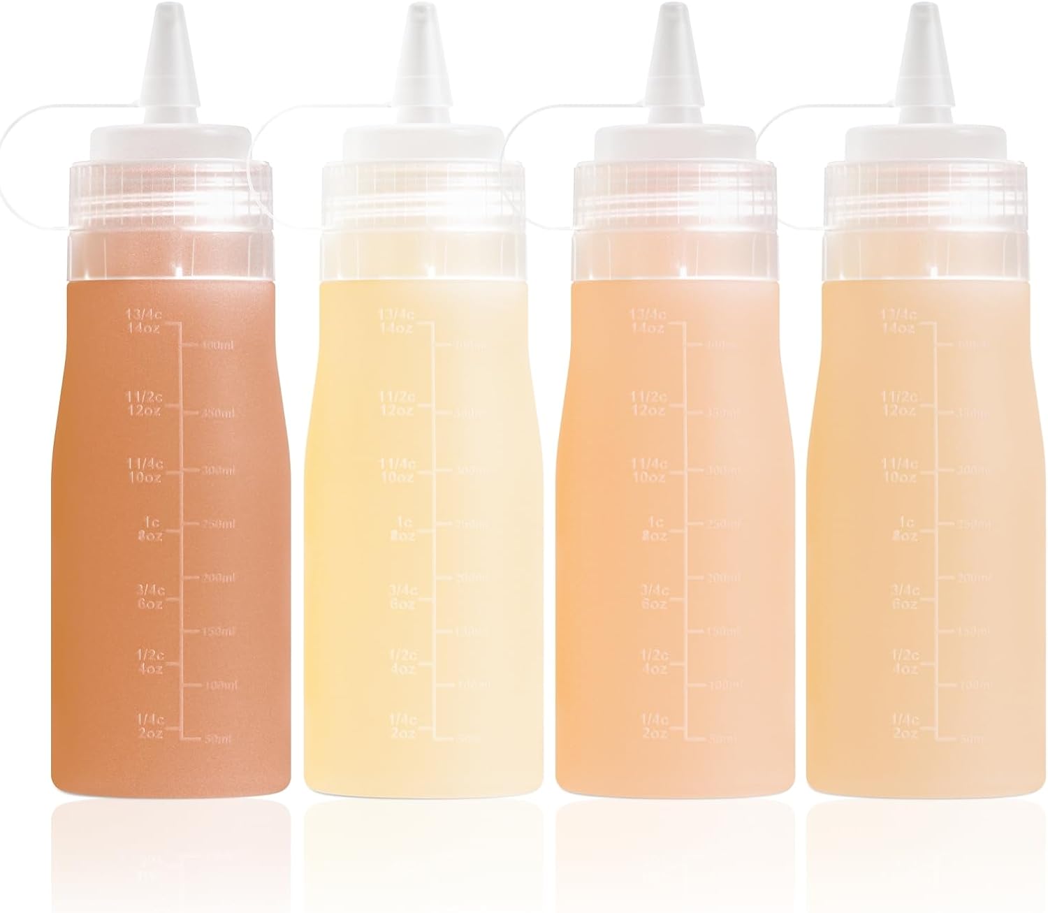 12oz Silicone Squeeze Bottles for Sauces & Oil, 4 Pack, Pink | Leak Proof Condiment Containers, Interchangeable Extra Lid, Food Grade, BPA Free Easy Squeeze for Honey, Ketchup & Dressing