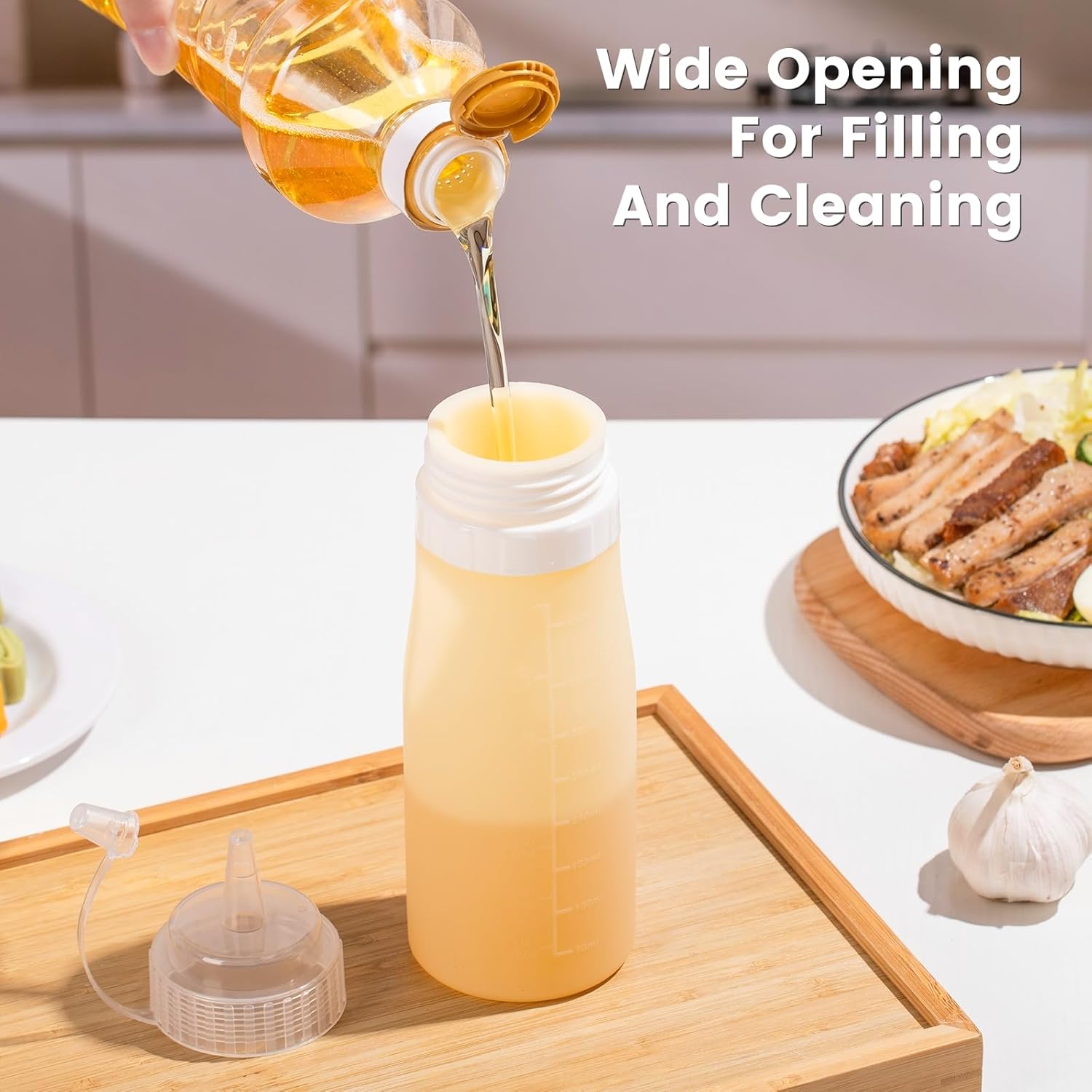 12oz Silicone Squeeze Bottles for Sauces & Oil, 4 Pack, Pink | Leak Proof Condiment Containers, Interchangeable Extra Lid, Food Grade, BPA Free Easy Squeeze for Honey, Ketchup & Dressing