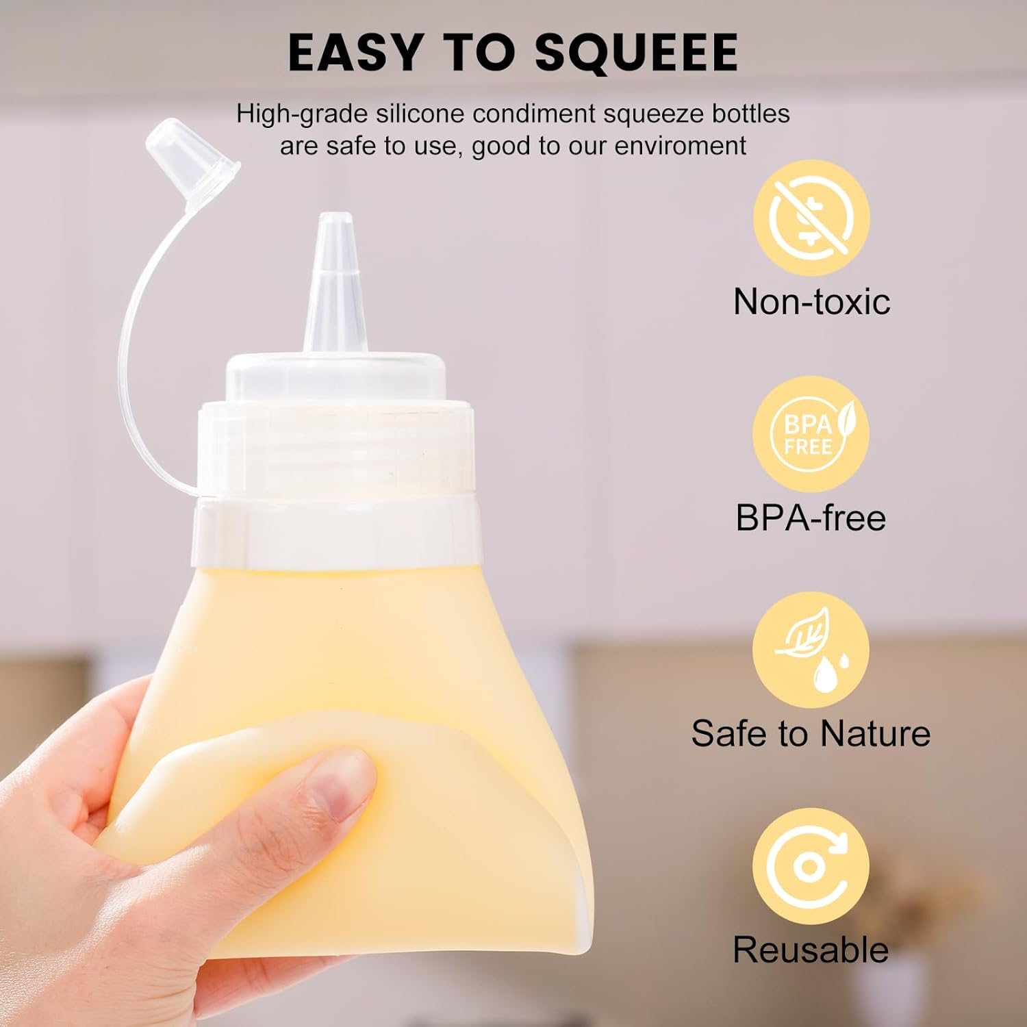 12oz Silicone Squeeze Bottles for Sauces & Oil, 4 Pack, Pink | Leak Proof Condiment Containers, Interchangeable Extra Lid, Food Grade, BPA Free Easy Squeeze for Honey, Ketchup & Dressing
