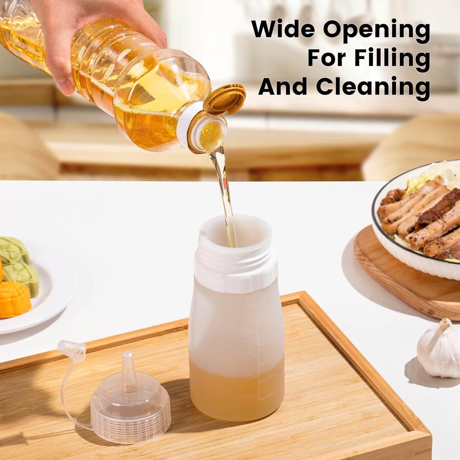 12oz Silicone Squeeze Bottles for Sauces & Oil, 4 Pack, Pink | Leak Proof Condiment Containers, Interchangeable Extra Lid, Food Grade, BPA Free Easy Squeeze for Honey, Ketchup & Dressing