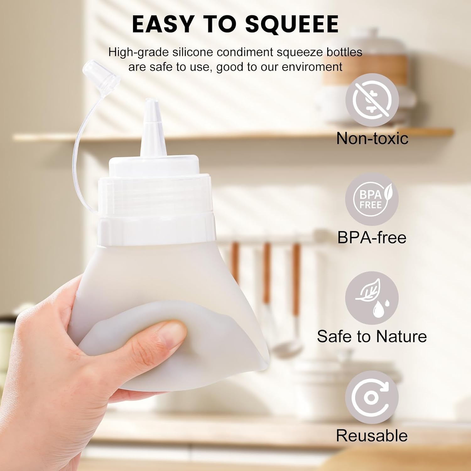 12oz Silicone Squeeze Bottles for Sauces & Oil, 4 Pack, Pink | Leak Proof Condiment Containers, Interchangeable Extra Lid, Food Grade, BPA Free Easy Squeeze for Honey, Ketchup & Dressing