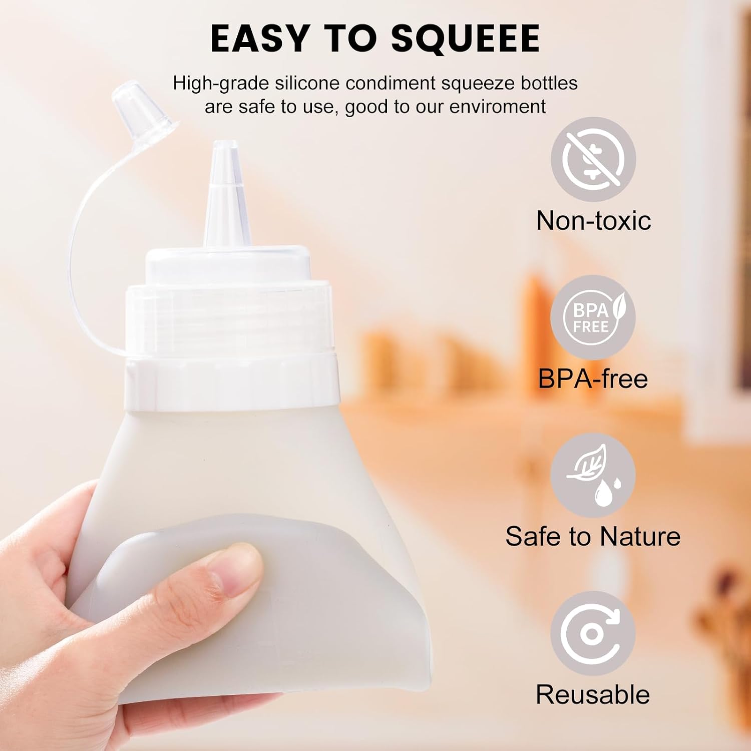 12oz Silicone Squeeze Bottles for Sauces & Oil, 4 Pack, Pink | Leak Proof Condiment Containers, Interchangeable Extra Lid, Food Grade, BPA Free Easy Squeeze for Honey, Ketchup & Dressing