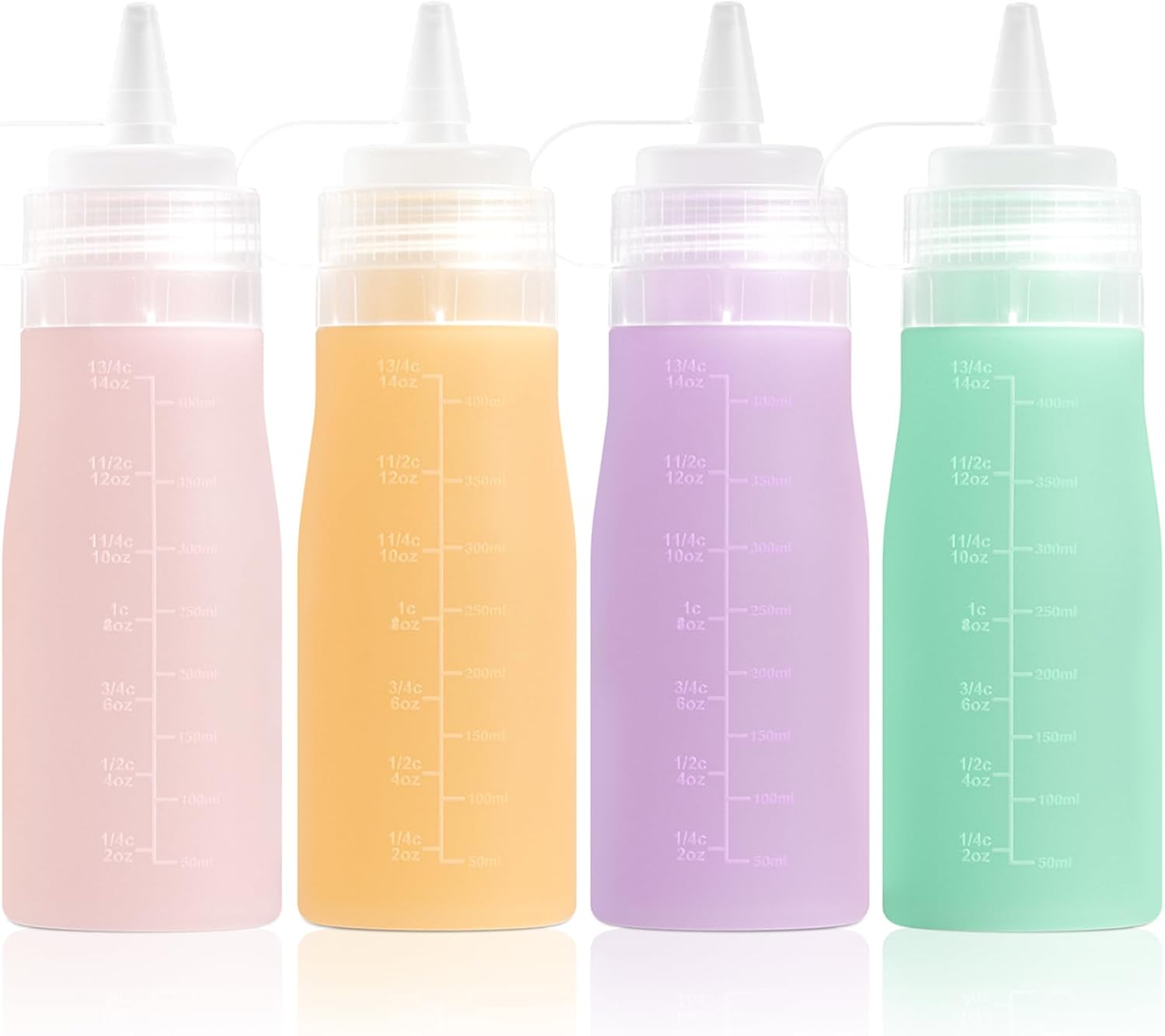 12oz Silicone Squeeze Bottles for Sauces & Oil, 4 Pack, Pink | Leak Proof Condiment Containers, Interchangeable Extra Lid, Food Grade, BPA Free Easy Squeeze for Honey, Ketchup & Dressing