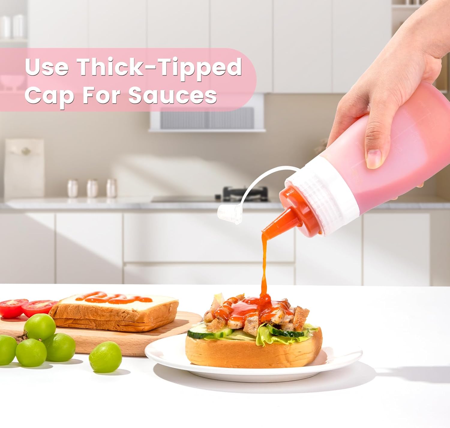 12oz Silicone Squeeze Bottles for Sauces & Oil, 4 Pack, Pink | Leak Proof Condiment Containers, Interchangeable Extra Lid, Food Grade, BPA Free Easy Squeeze for Honey, Ketchup & Dressing