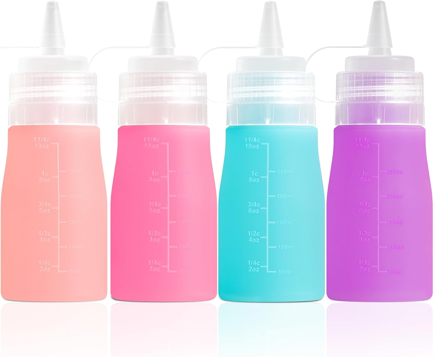 12oz Silicone Squeeze Bottles for Sauces & Oil, 4 Pack, Pink | Leak Proof Condiment Containers, Interchangeable Extra Lid, Food Grade, BPA Free Easy Squeeze for Honey, Ketchup & Dressing