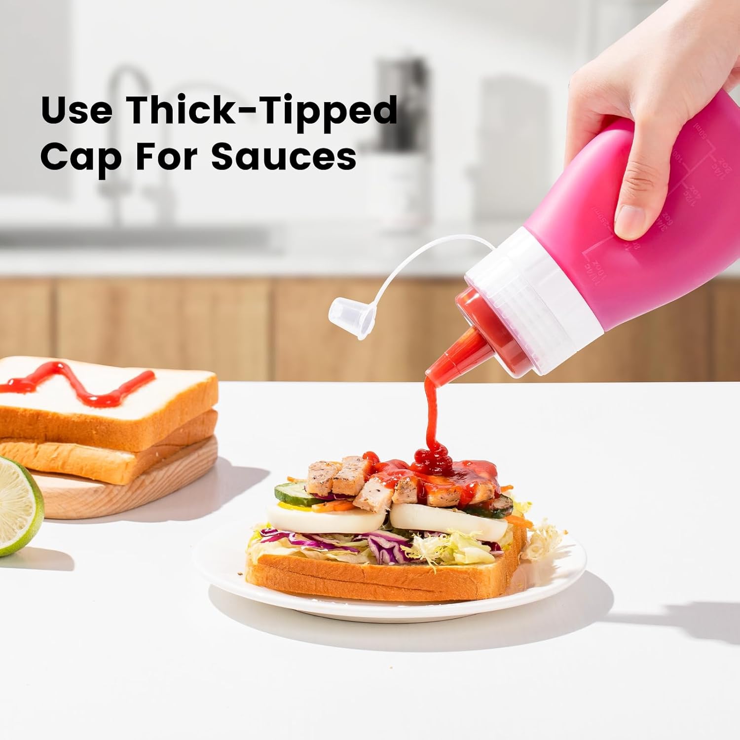 12oz Silicone Squeeze Bottles for Sauces & Oil, 4 Pack, Pink | Leak Proof Condiment Containers, Interchangeable Extra Lid, Food Grade, BPA Free Easy Squeeze for Honey, Ketchup & Dressing