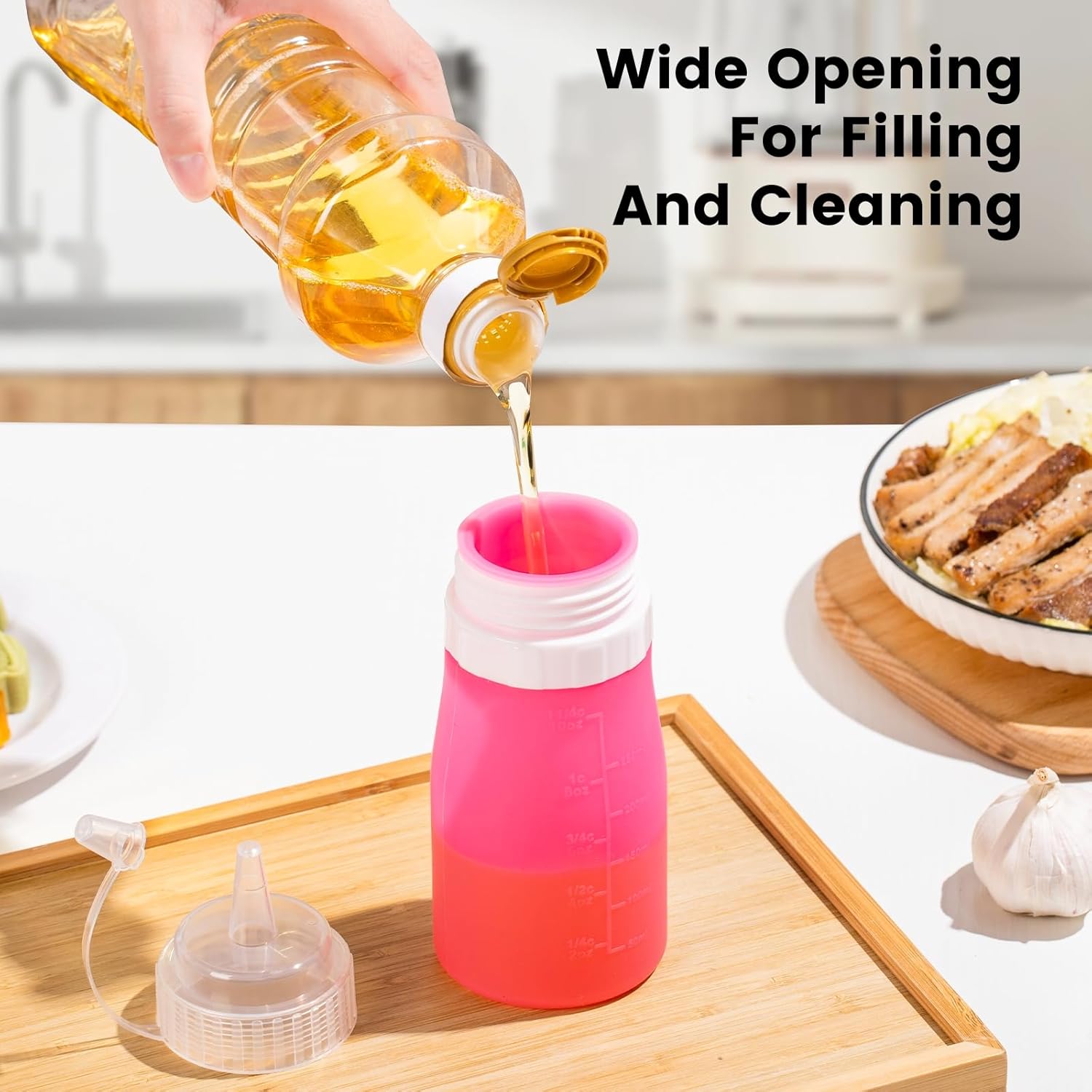 12oz Silicone Squeeze Bottles for Sauces & Oil, 4 Pack, Pink | Leak Proof Condiment Containers, Interchangeable Extra Lid, Food Grade, BPA Free Easy Squeeze for Honey, Ketchup & Dressing