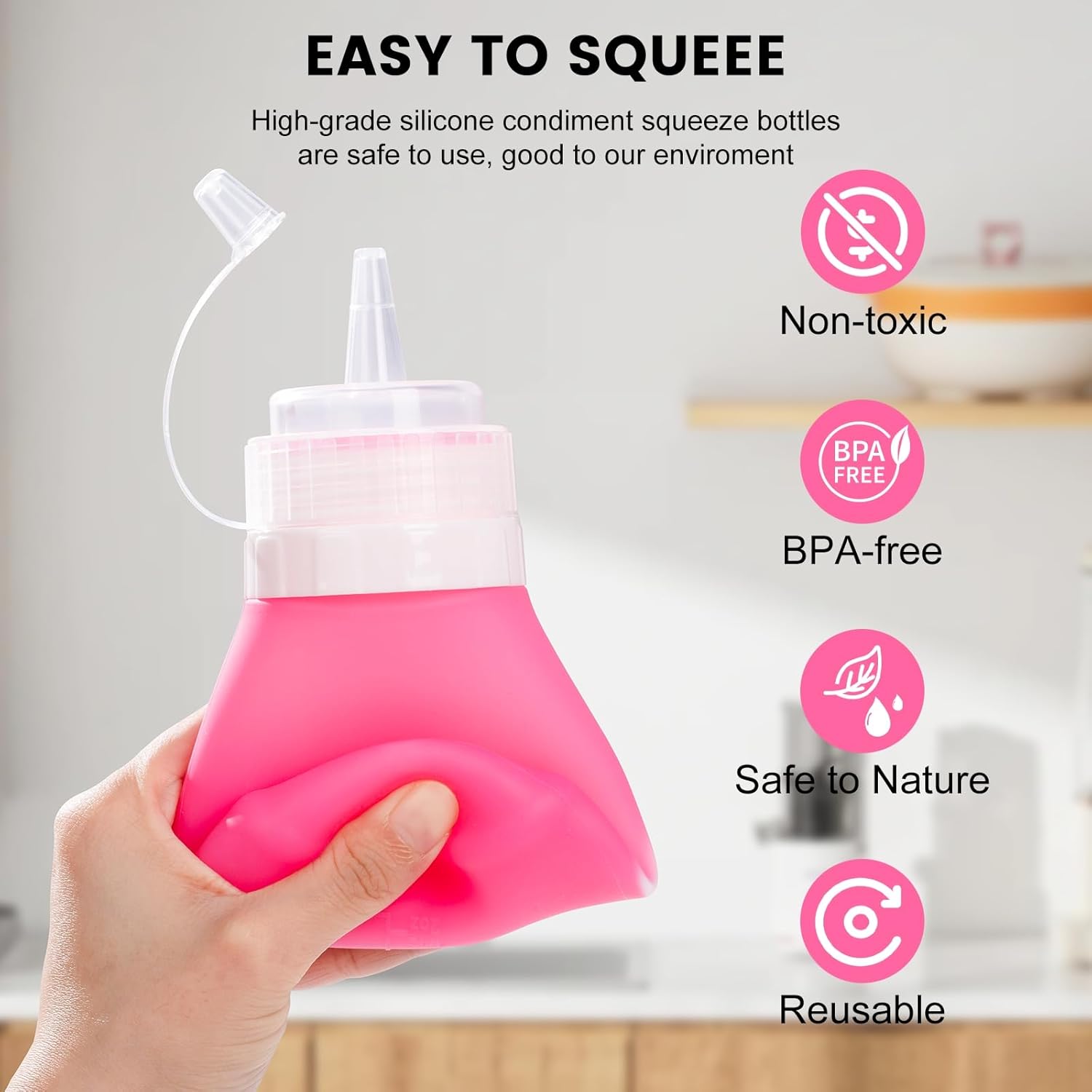 12oz Silicone Squeeze Bottles for Sauces & Oil, 4 Pack, Pink | Leak Proof Condiment Containers, Interchangeable Extra Lid, Food Grade, BPA Free Easy Squeeze for Honey, Ketchup & Dressing