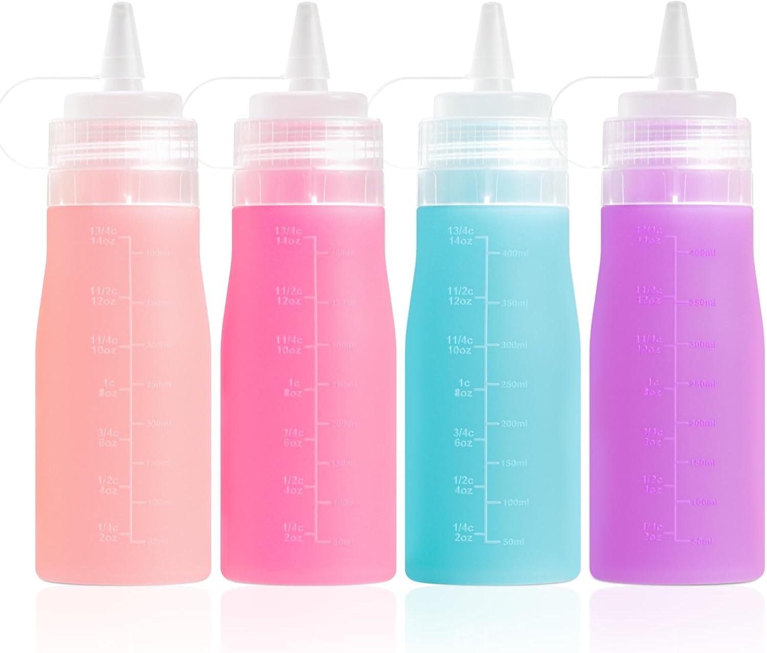 12oz Silicone Squeeze Bottles for Sauces & Oil, 4 Pack, Pink | Leak Proof Condiment Containers, Interchangeable Extra Lid, Food Grade, BPA Free Easy Squeeze for Honey, Ketchup & Dressing