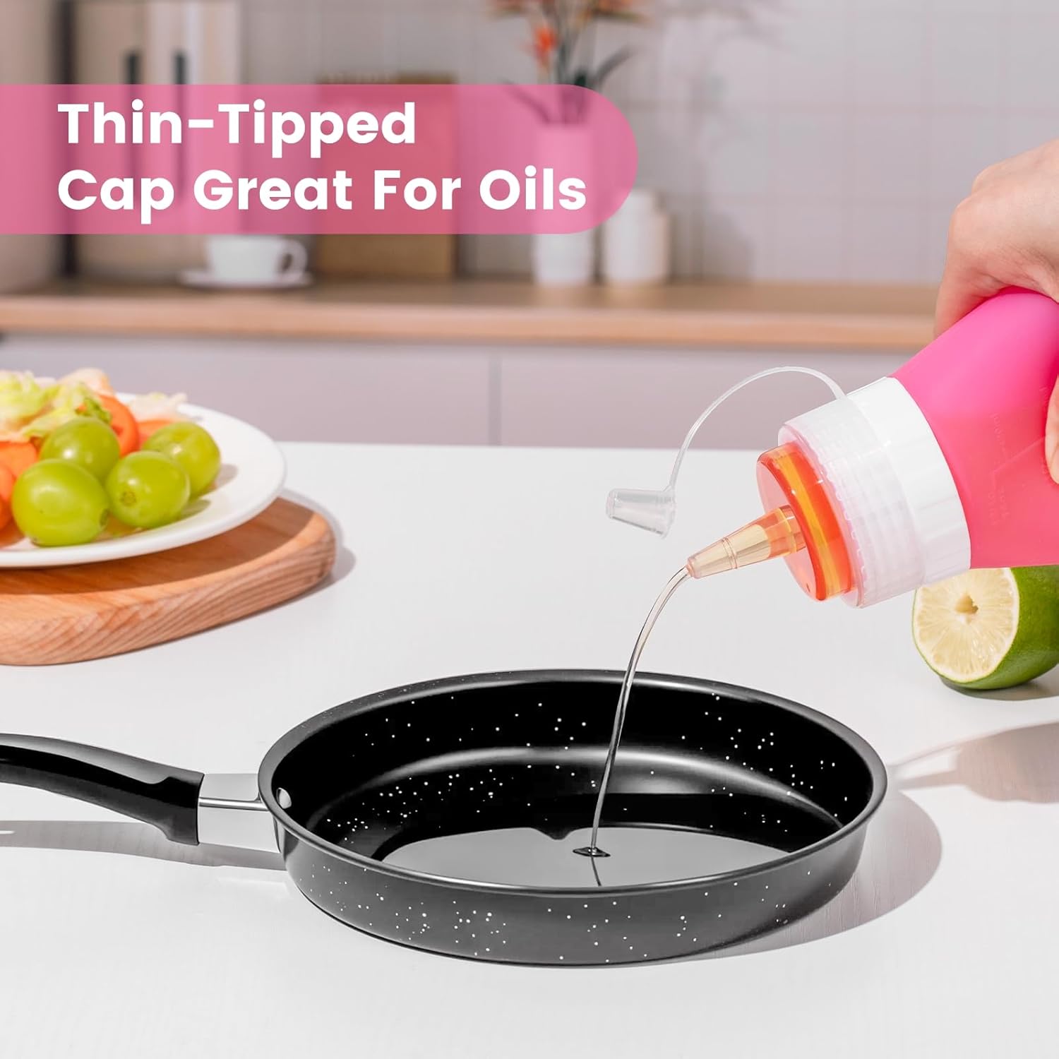 12oz Silicone Squeeze Bottles for Sauces & Oil, 4 Pack, Pink | Leak Proof Condiment Containers, Interchangeable Extra Lid, Food Grade, BPA Free Easy Squeeze for Honey, Ketchup & Dressing