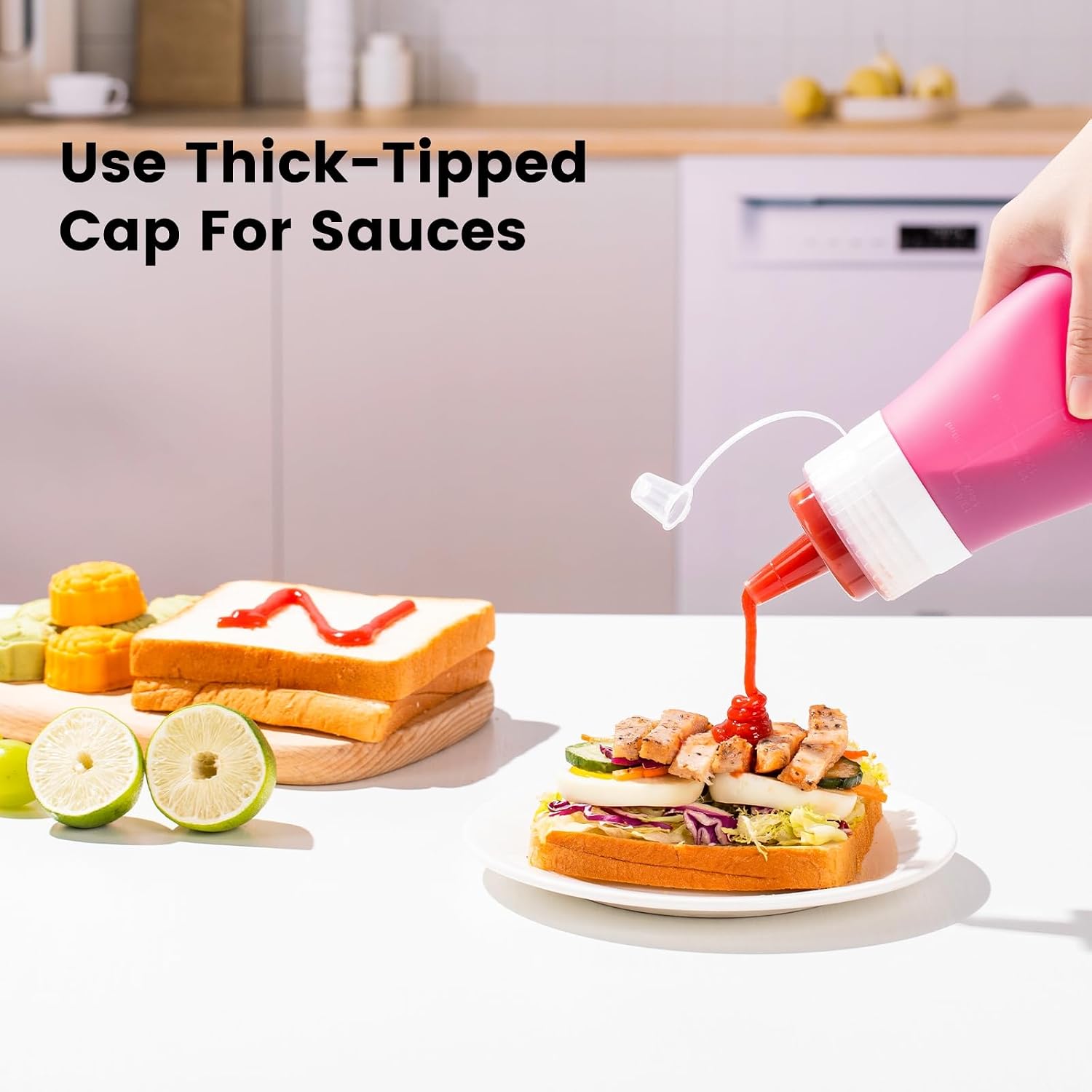 12oz Silicone Squeeze Bottles for Sauces & Oil, 4 Pack, Pink | Leak Proof Condiment Containers, Interchangeable Extra Lid, Food Grade, BPA Free Easy Squeeze for Honey, Ketchup & Dressing