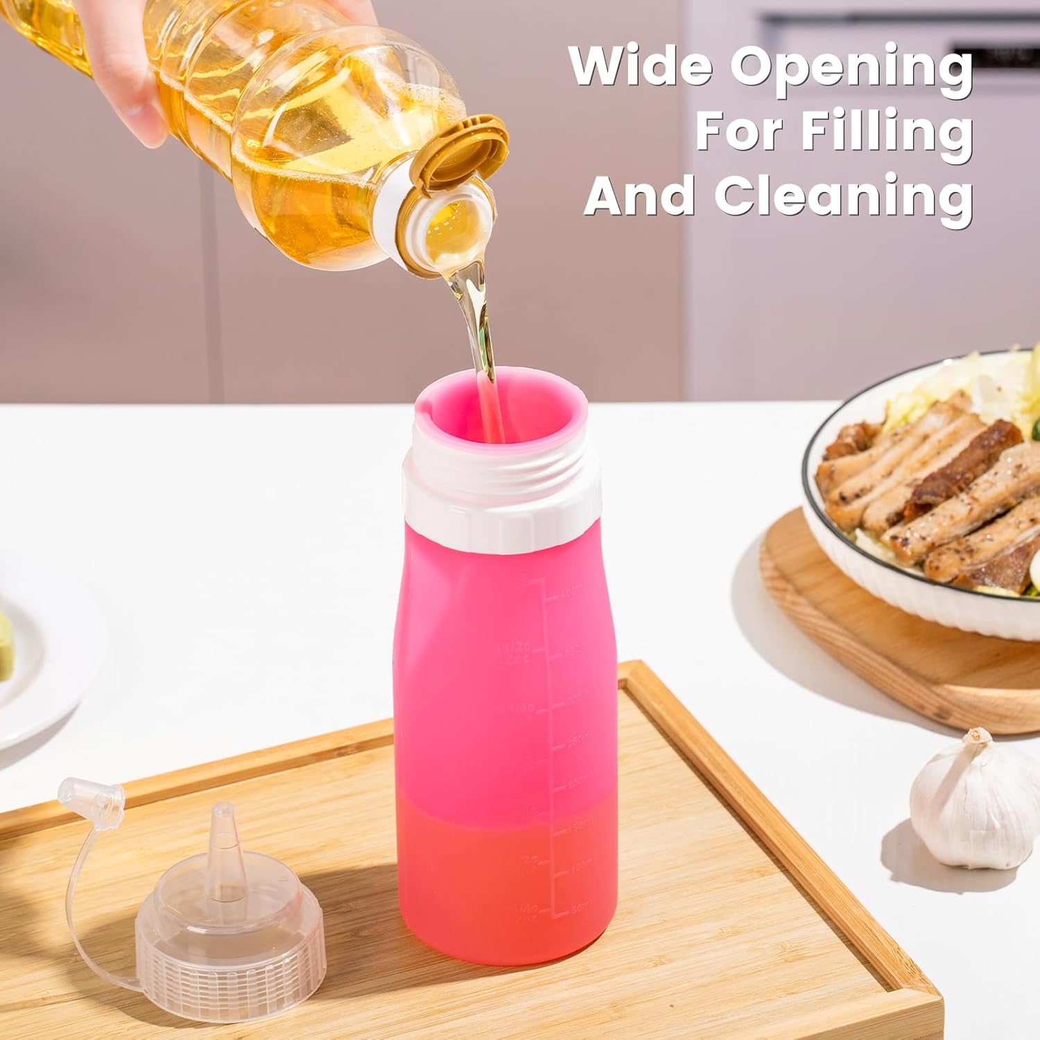 12oz Silicone Squeeze Bottles for Sauces & Oil, 4 Pack, Pink | Leak Proof Condiment Containers, Interchangeable Extra Lid, Food Grade, BPA Free Easy Squeeze for Honey, Ketchup & Dressing