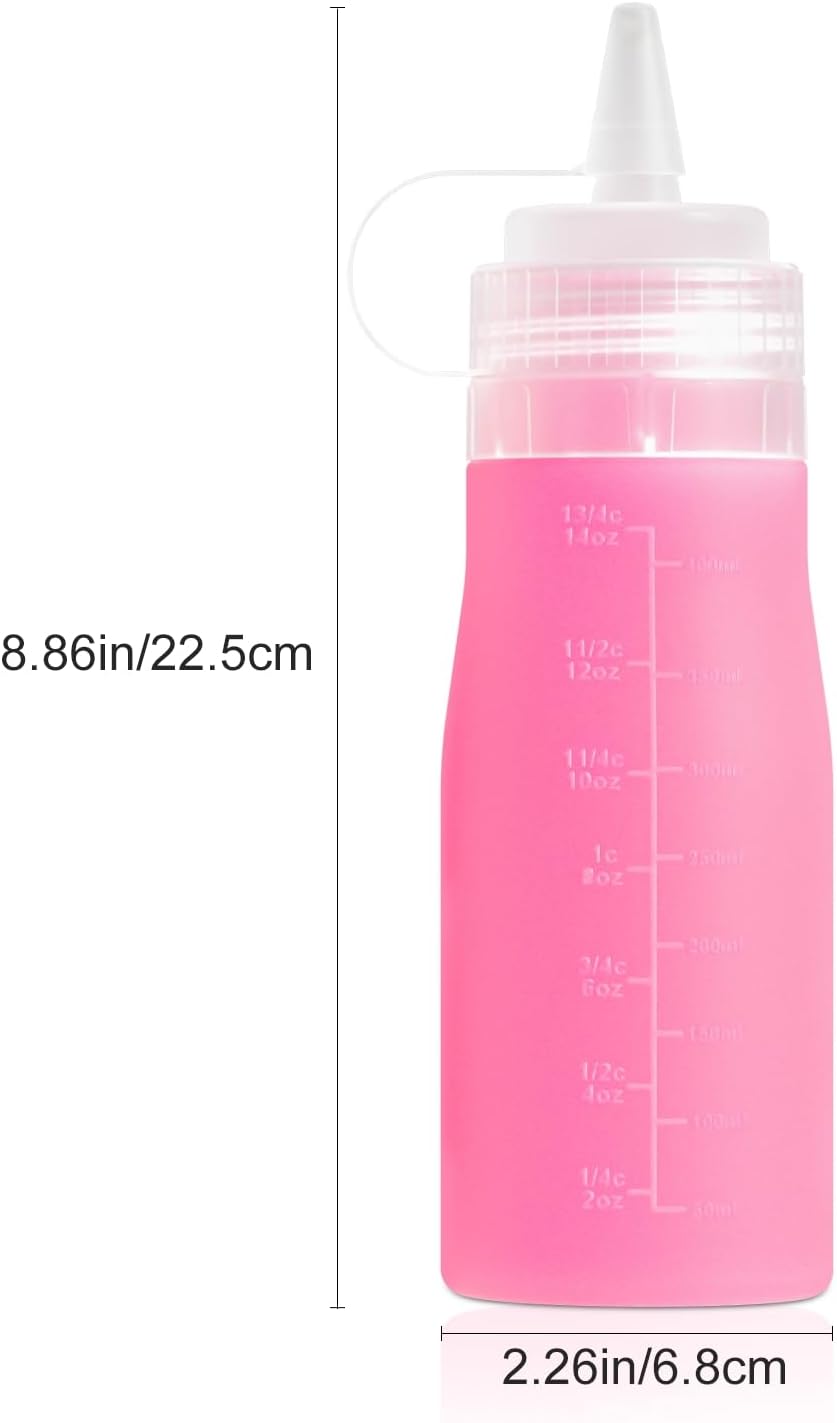 12oz Silicone Squeeze Bottles for Sauces & Oil, 4 Pack, Pink | Leak Proof Condiment Containers, Interchangeable Extra Lid, Food Grade, BPA Free Easy Squeeze for Honey, Ketchup & Dressing