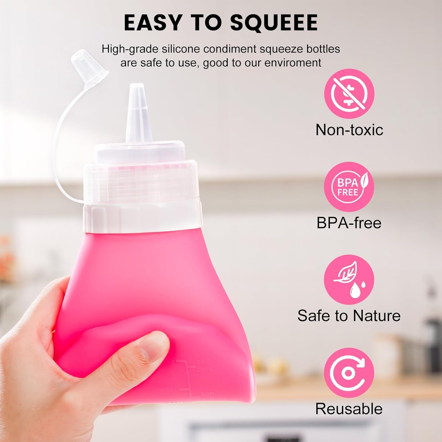 12oz Silicone Squeeze Bottles for Sauces & Oil, 4 Pack, Pink | Leak Proof Condiment Containers, Interchangeable Extra Lid, Food Grade, BPA Free Easy Squeeze for Honey, Ketchup & Dressing