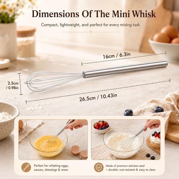 10 Inch Mini Whisk, 304 Anti-Rust Stainless Steel Small Whisks | Durable Small Whisks for Cooking,Baking, Mixing Ingredients & Deep Containers (1 Piece)