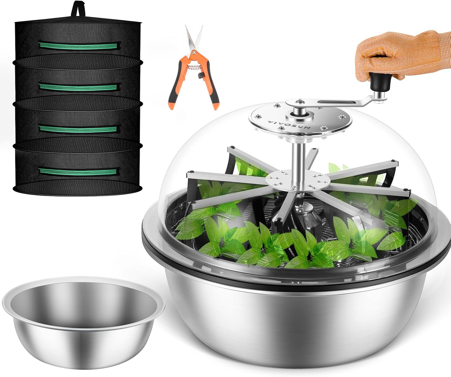 13 inch Leaf Bowl Trimmer, Bowl Trimmer with Switchable Stainless Steel Blades & Clear Visibility Dome, Hand Twist Spin Cutting Bud Trimmer for Buds, Flowers, Hydroponics Plants