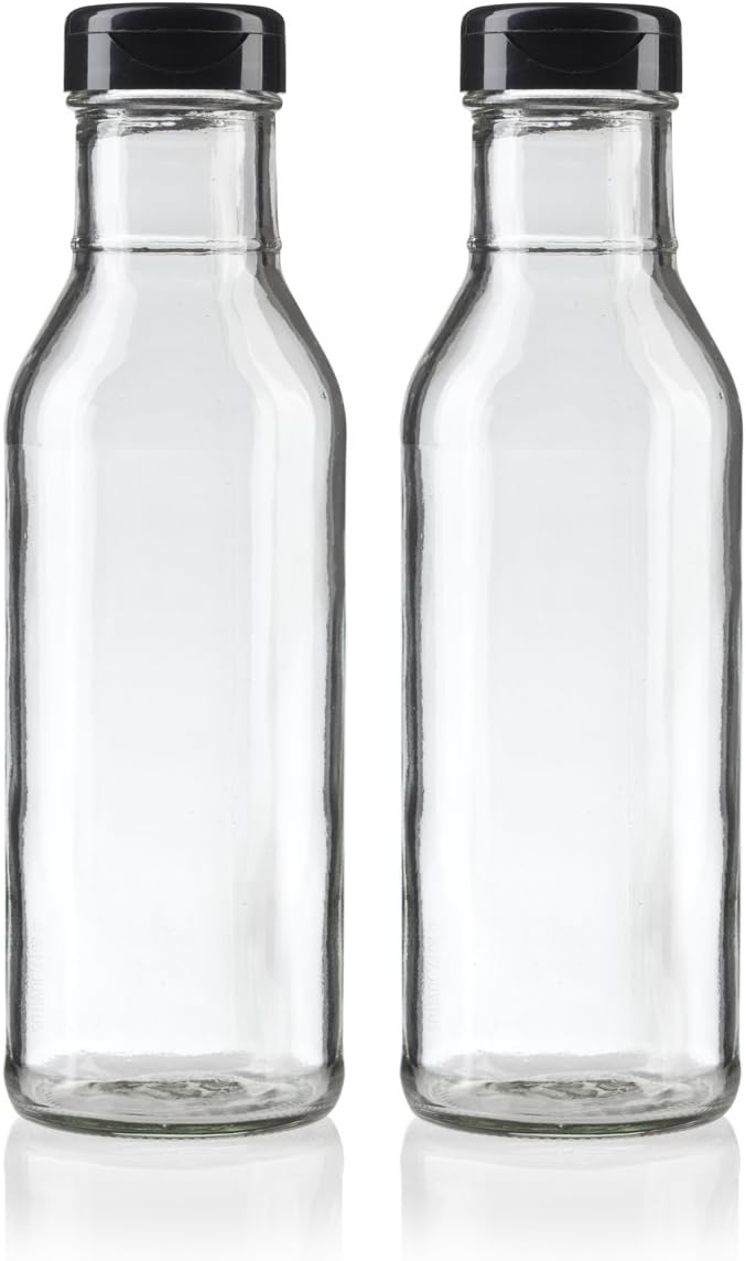 12 oz Professional Clear Glass Thick Wall Sauce Bottle with Drip Resistant Flip Top Cap (2 Pack) for BBQ Sauce, Salad Dressings, more
