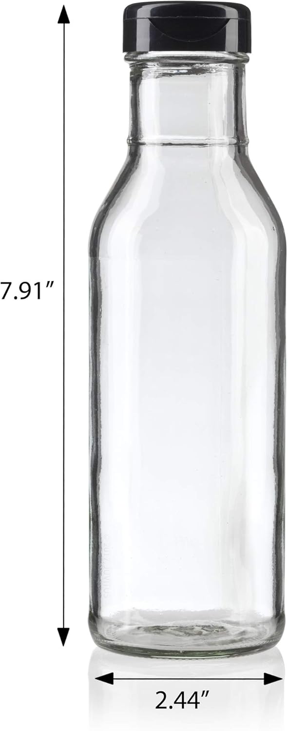 12 oz Professional Clear Glass Thick Wall Sauce Bottle with Drip Resistant Flip Top Cap (2 Pack) for BBQ Sauce, Salad Dressings, more