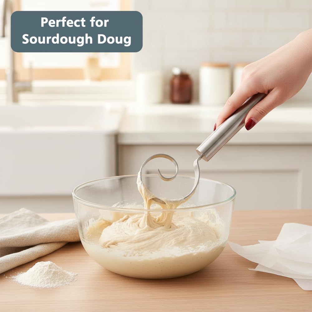 11 Inch Seamless Danish Dough Whisk, Stainless Steel Dough Whisk Tool for Sourdough, Cookies, Pizza, Pastry, Dishwasher Safe Dough Hook, with Bread Scoring Knife and 5 Blades