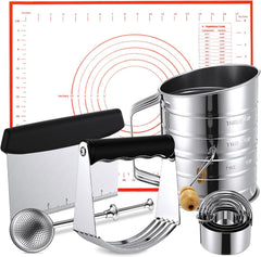 10 Pcs Stainless Steel Pastry Biscuit Cutter Set Include 3 Cup Flour Sifter Biscuit Cutter Pastry Scraper Dough Scraper Silicone Baking Mat Fine Mesh Strainer for Cooking Cookies Donuts Cake