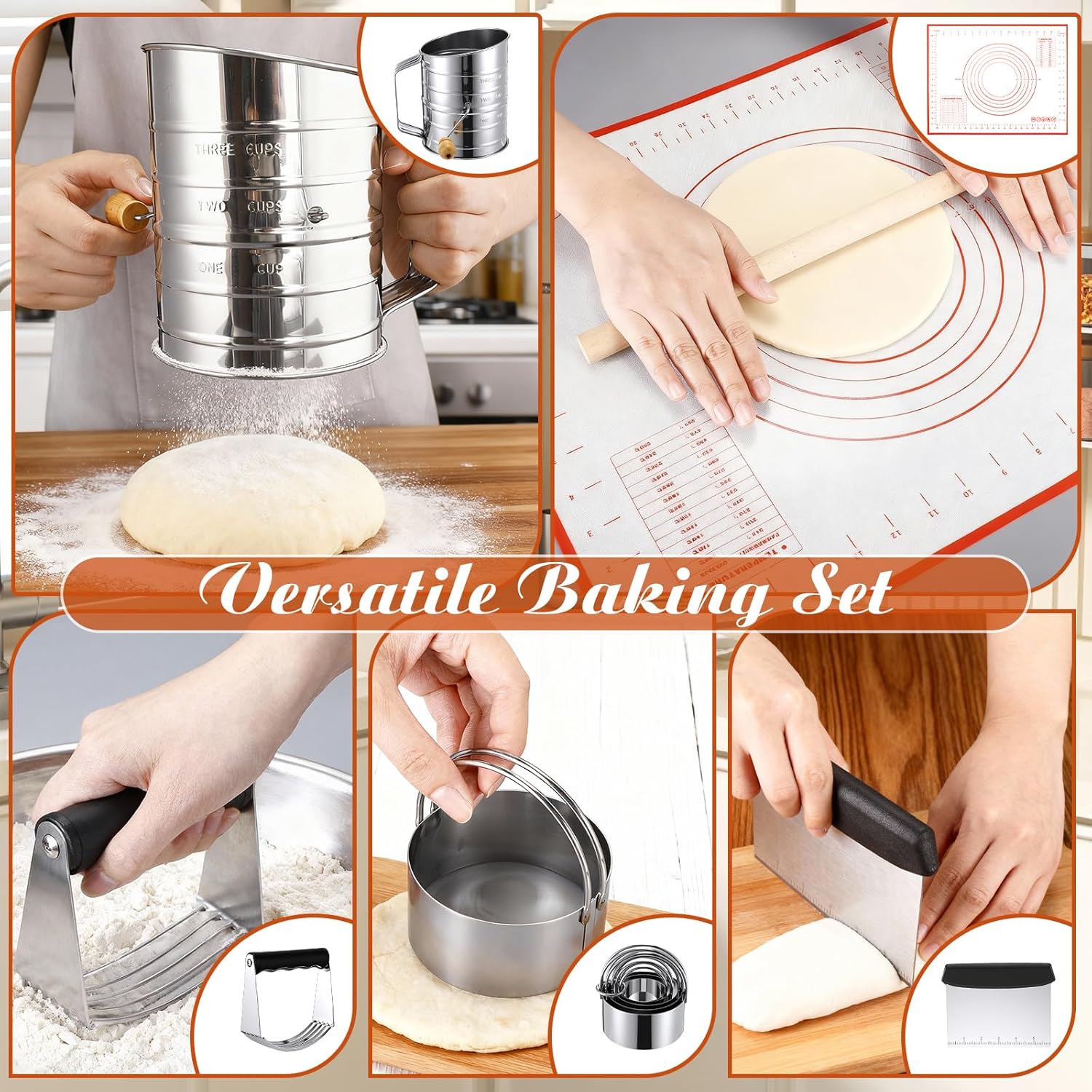 10 Pcs Stainless Steel Pastry Biscuit Cutter Set Include 3 Cup Flour Sifter Biscuit Cutter Pastry Scraper Dough Scraper Silicone Baking Mat Fine Mesh Strainer for Cooking Cookies Donuts Cake