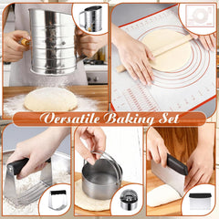 10 Pcs Stainless Steel Pastry Biscuit Cutter Set Include 3 Cup Flour Sifter Biscuit Cutter Pastry Scraper Dough Scraper Silicone Baking Mat Fine Mesh Strainer for Cooking Cookies Donuts Cake