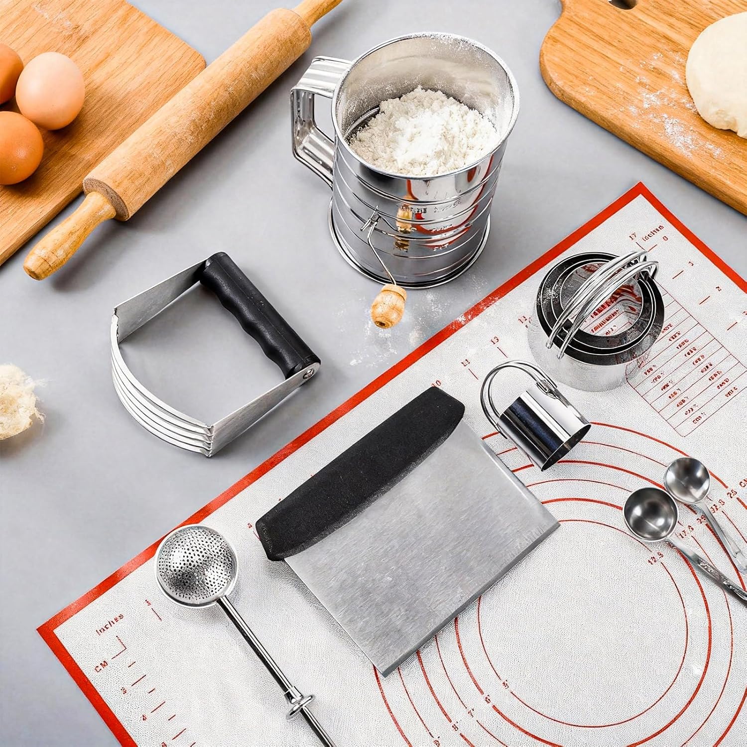 10 Pcs Stainless Steel Pastry Biscuit Cutter Set Include 3 Cup Flour Sifter Biscuit Cutter Pastry Scraper Dough Scraper Silicone Baking Mat Fine Mesh Strainer for Cooking Cookies Donuts Cake
