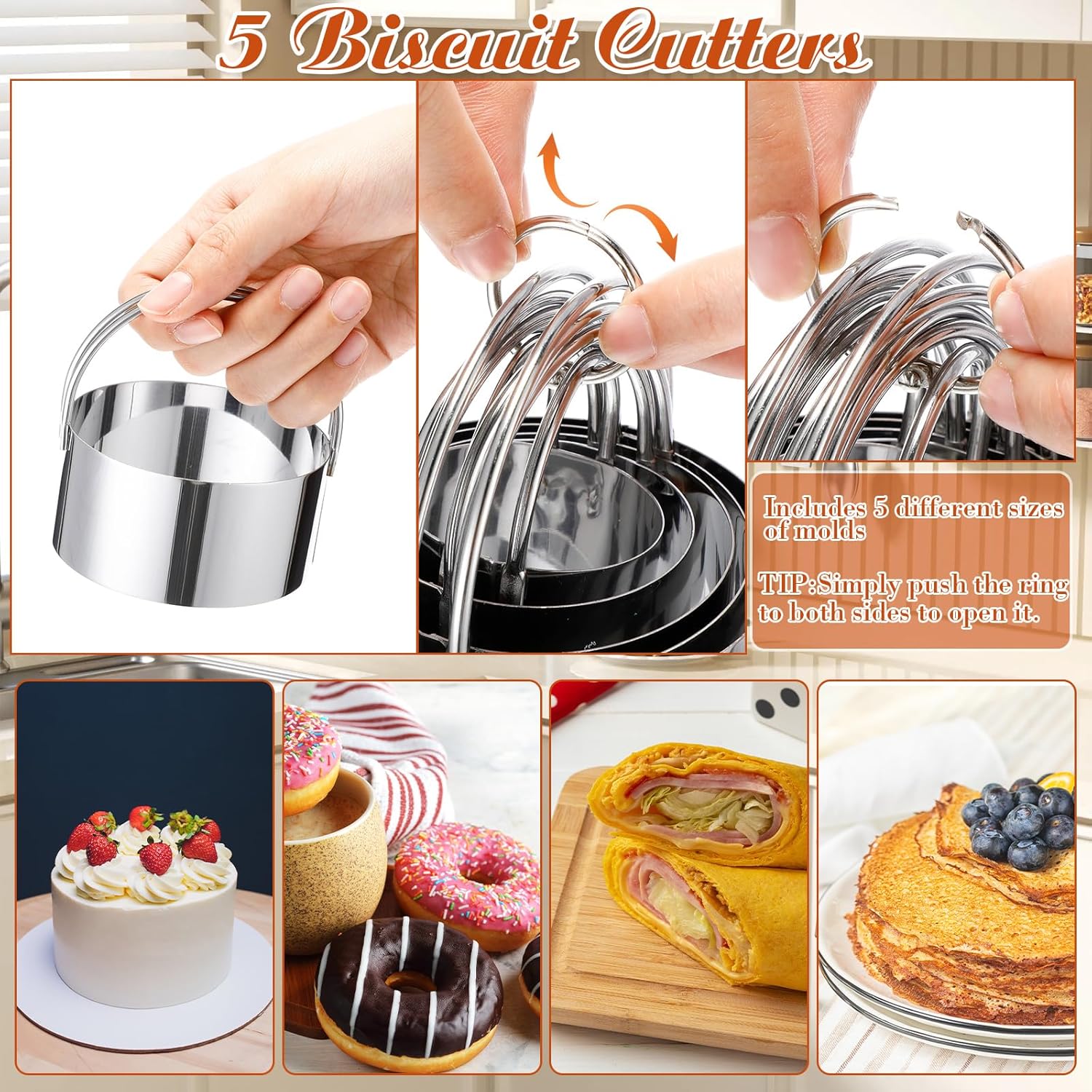 10 Pcs Stainless Steel Pastry Biscuit Cutter Set Include 3 Cup Flour Sifter Biscuit Cutter Pastry Scraper Dough Scraper Silicone Baking Mat Fine Mesh Strainer for Cooking Cookies Donuts Cake
