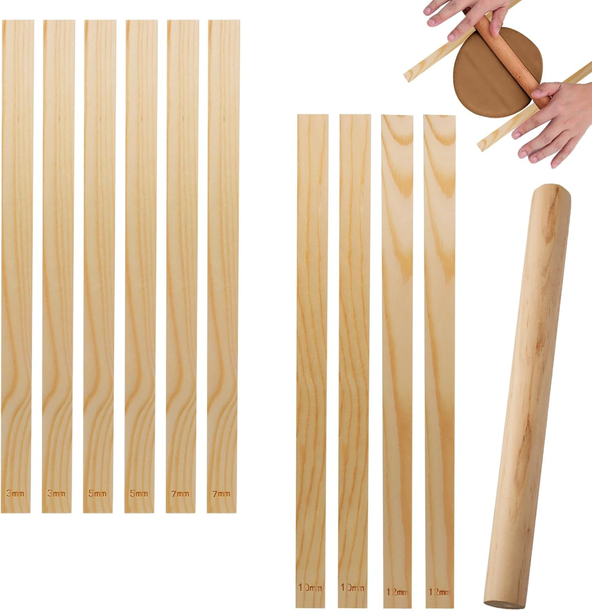 11pcs Wooden Pottery Teaching Kit | 10pcs 5-Size Clay Thickness Guides, 1pc Rolling Pin, for Clay Art, Ceramics & DIY Craft Projects