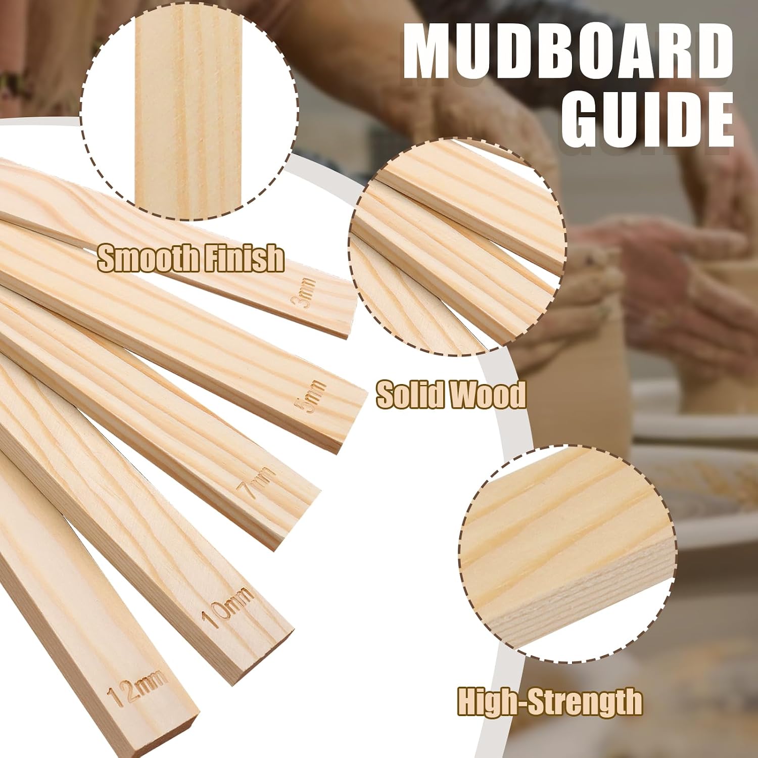11pcs Wooden Pottery Teaching Kit | 10pcs 5-Size Clay Thickness Guides, 1pc Rolling Pin, for Clay Art, Ceramics & DIY Craft Projects