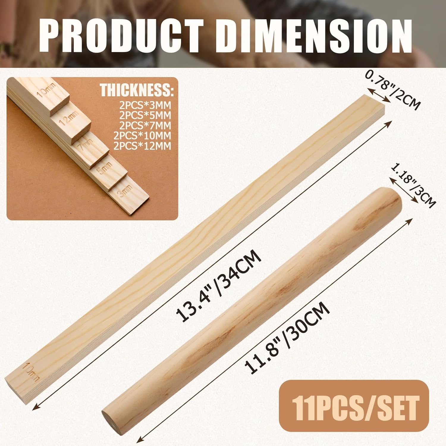 11pcs Wooden Pottery Teaching Kit | 10pcs 5-Size Clay Thickness Guides, 1pc Rolling Pin, for Clay Art, Ceramics & DIY Craft Projects