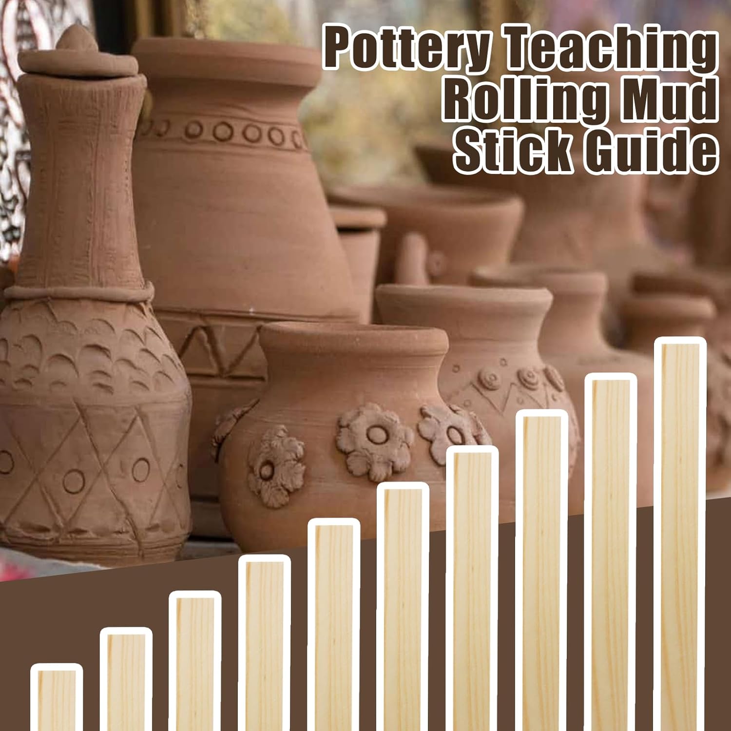 11pcs Wooden Pottery Teaching Kit | 10pcs 5-Size Clay Thickness Guides, 1pc Rolling Pin, for Clay Art, Ceramics & DIY Craft Projects