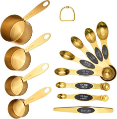 12-Piece Gold Magnetic Measuring Cups and Spoons Set .4 Premium Stainless Steel Gold Measuring Cups .8 Magnetic Measuring Spoons Set with Leveler .Measuring for Dry & Liquid Cooking Baking for Kitchen
