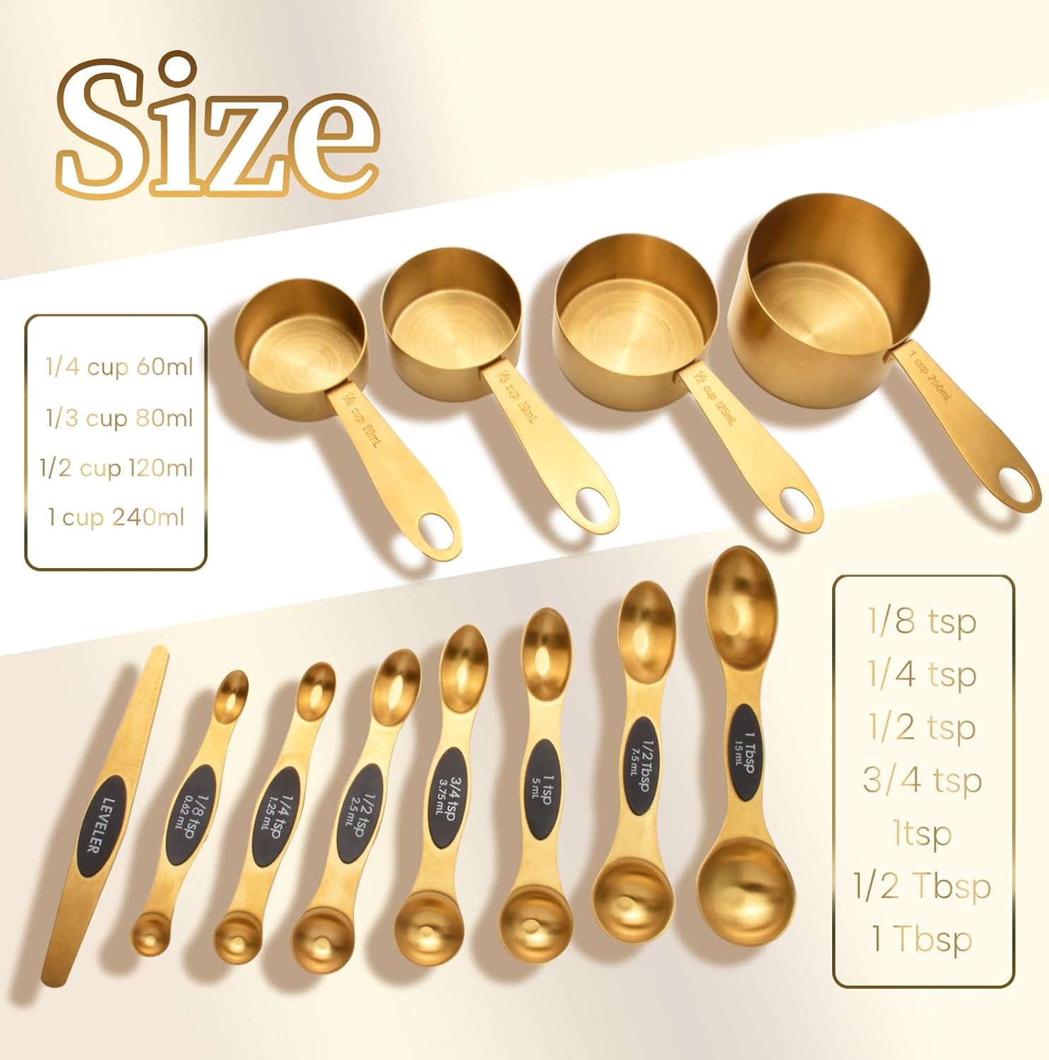 12-Piece Gold Magnetic Measuring Cups and Spoons Set .4 Premium Stainless Steel Gold Measuring Cups .8 Magnetic Measuring Spoons Set with Leveler .Measuring for Dry & Liquid Cooking Baking for Kitchen