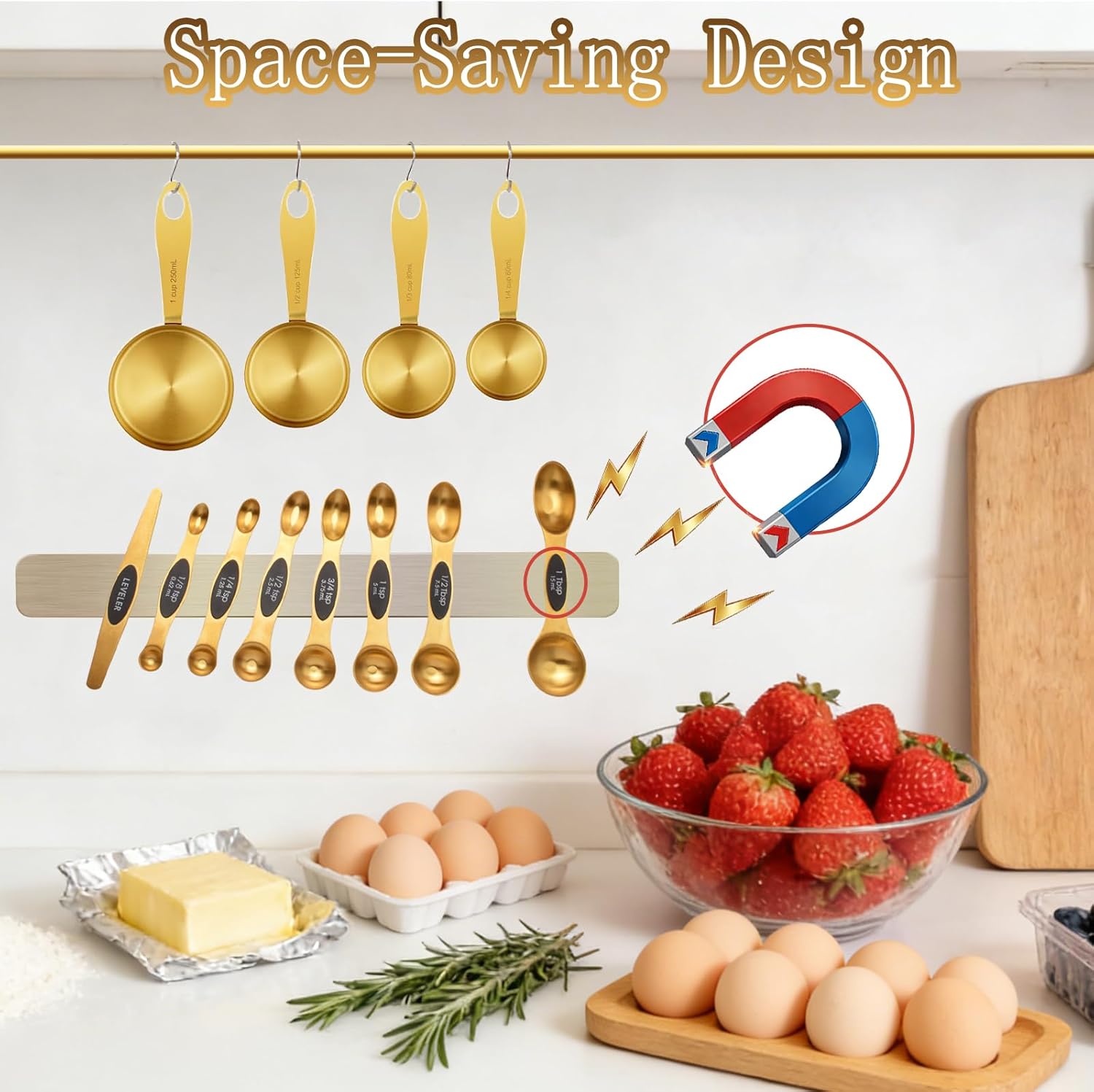 12-Piece Gold Magnetic Measuring Cups and Spoons Set .4 Premium Stainless Steel Gold Measuring Cups .8 Magnetic Measuring Spoons Set with Leveler .Measuring for Dry & Liquid Cooking Baking for Kitchen