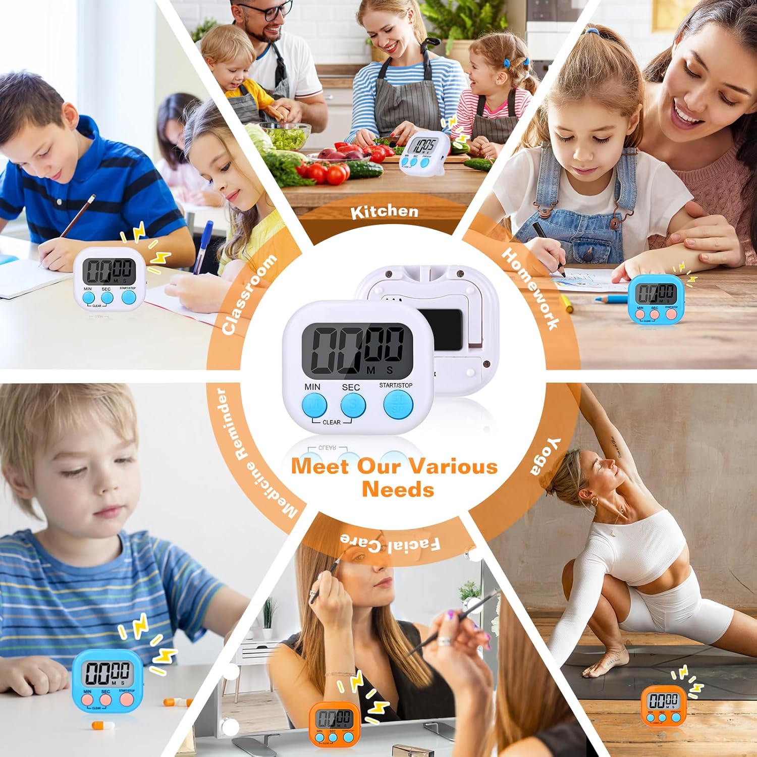 12 Pack Digital Kitchen Timers, Magnetic Countdown Timer with Loud Alarm | Big Digits, Backing Stand, Classroom, Teachers, Kids, Shower, Study, Work, Exercise, Training, Cooking.