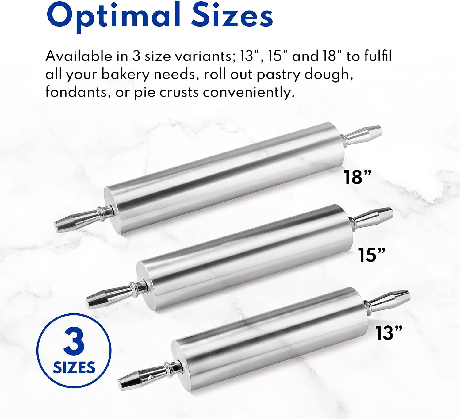 13 Inch Aluminum Rolling Pin, Extra Heavy Duty Restaurant Grade Dough Roller with Rotating Barrel and Handles, Silver
