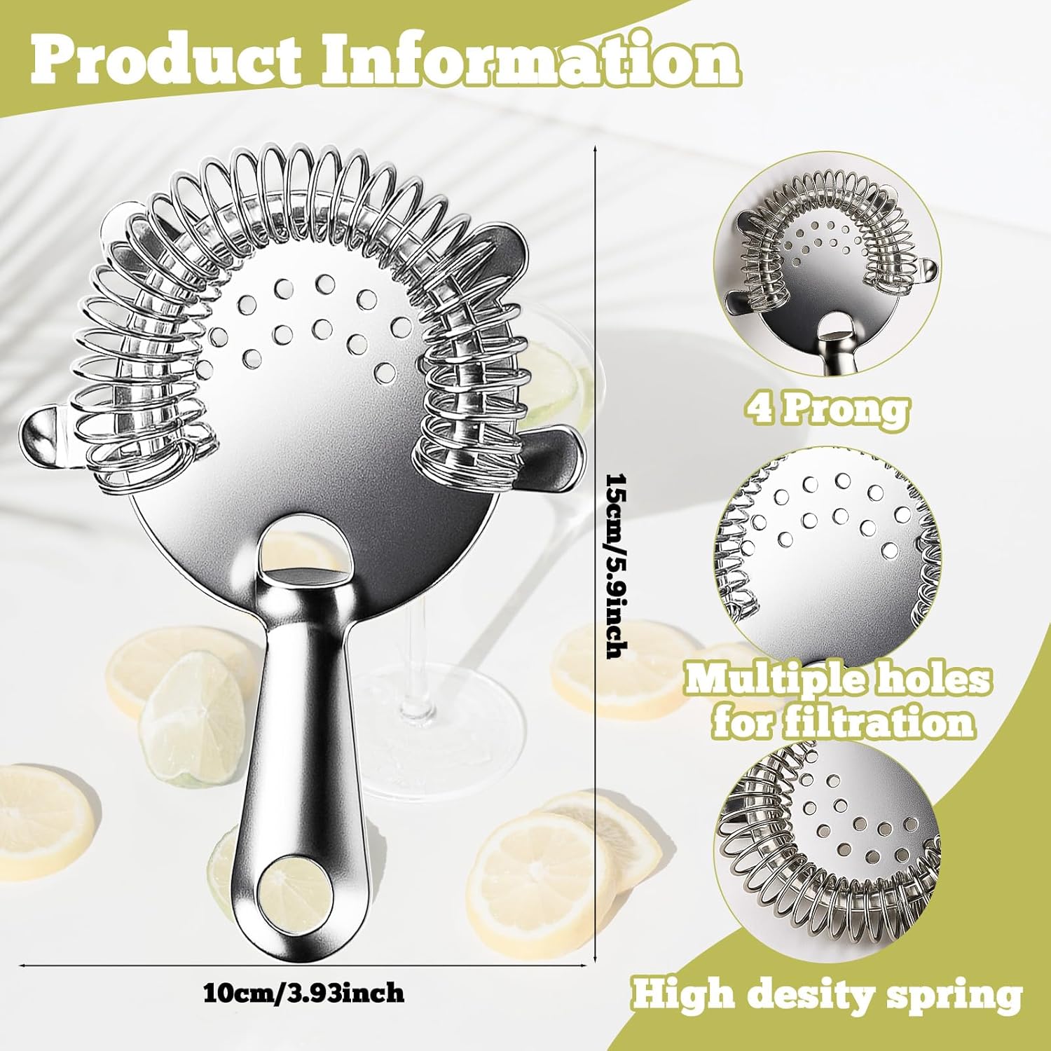 10 Pack Stainless Steel Cocktail Strainer,5 Pcs Cone Shaped Small Fine Mesh Strainer Sieve and 5 Pcs 4-Prong Bar Drink Strainer for Bartender Juice Tea Coffee