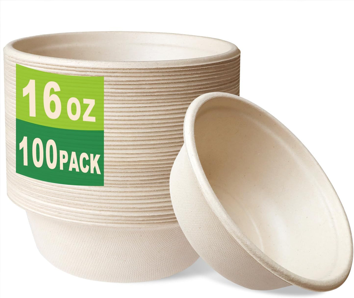 100 Count 16 OZ Compostable Bowls, Natural Unbleached Biodegradable Bagasse and Bamboo fiber Paper Bowls