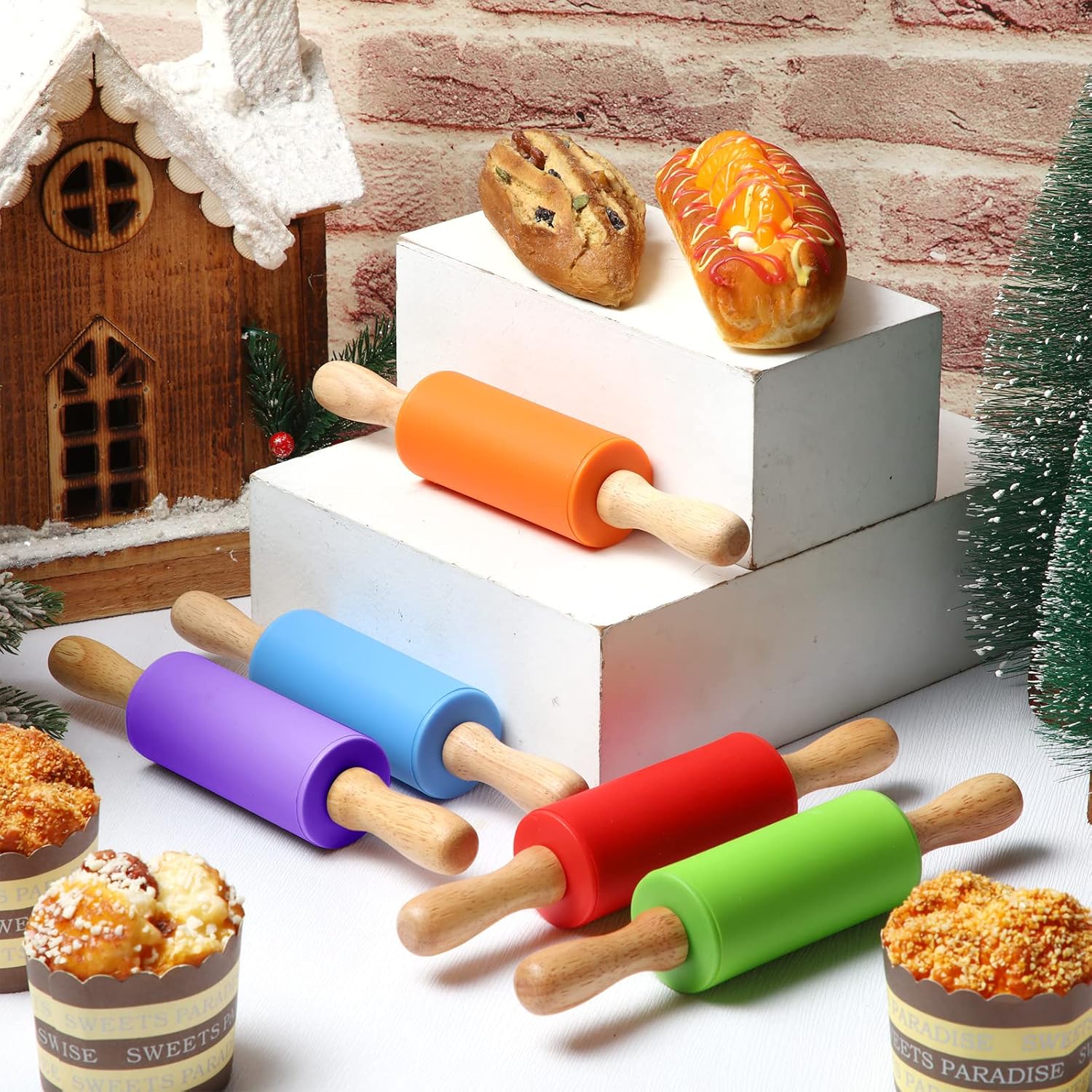 10 Pcs 9 Inch Mini Rolling Pins Kids with Wooden Handle | 5 Colors Silicone Non-stick, Small Dough Roller for Kids, Home Kitchen Baking Supplies for Dough Clay Cookie Pastry Cake