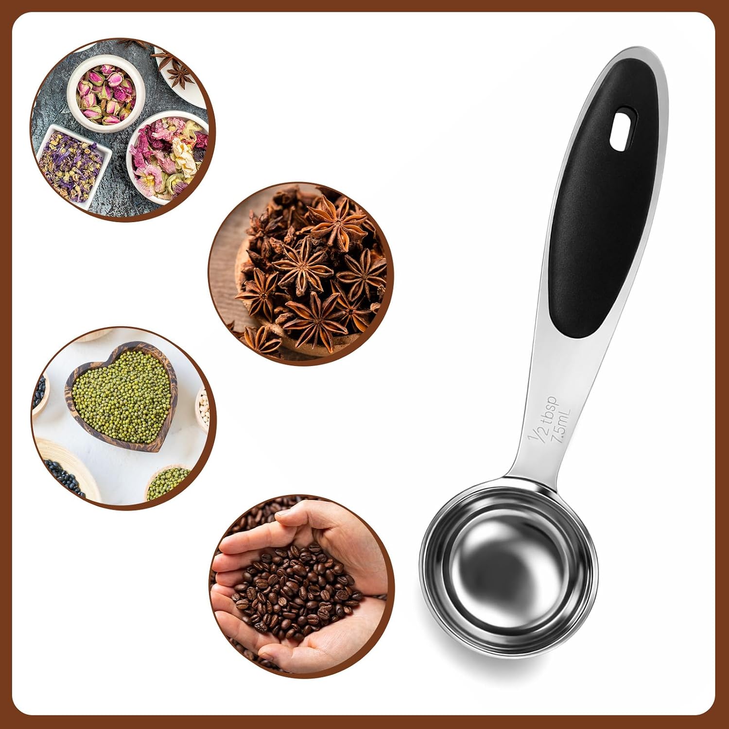 1/2 Tbsp, Single Measuring Spoon with Black Silicone Grip Small Coffee Scoop, Handle Included Stainless Steel Individual Measure Scoop for Baking & Cooking, Metal Kitchen Gadgets Essentials