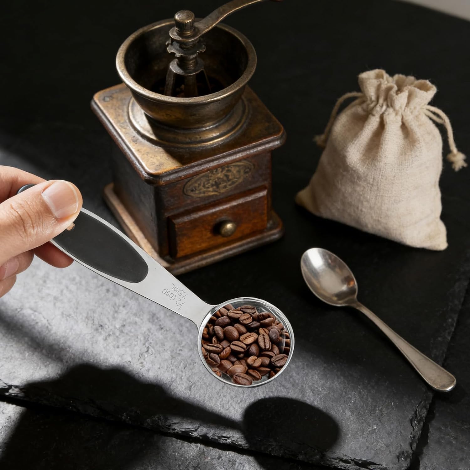 1/2 Tbsp, Single Measuring Spoon with Black Silicone Grip Small Coffee Scoop, Handle Included Stainless Steel Individual Measure Scoop for Baking & Cooking, Metal Kitchen Gadgets Essentials
