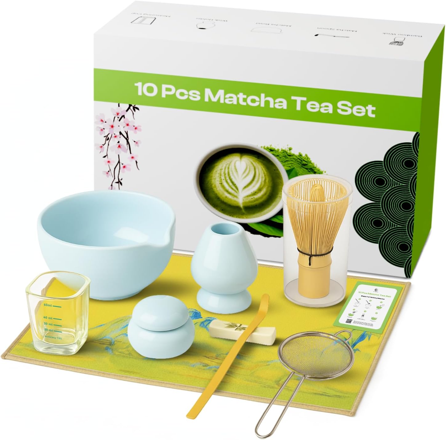 10-Piece Matcha Whisk Set | Complete Matcha Tea Kit with 17oz Ceramic Bowl, Bamboo Whisk & Scoop, Whisk Holder, Stainless Steel Sifter, Measuring Cup, Powder Caddy, Tea Towel | Gift-Ready Matcha Set