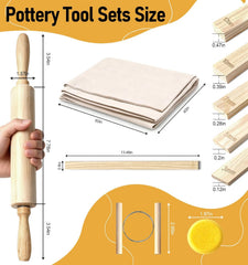 13 Pcs Pottery Tools, 5 Size Teaching Rolling Mud Stick Guide, Wood Rolling Pin, Pottery Special Linen, Clay Fabric, Sponge, Premium Pottery Tools for Hobbyists & Ceramic Artists