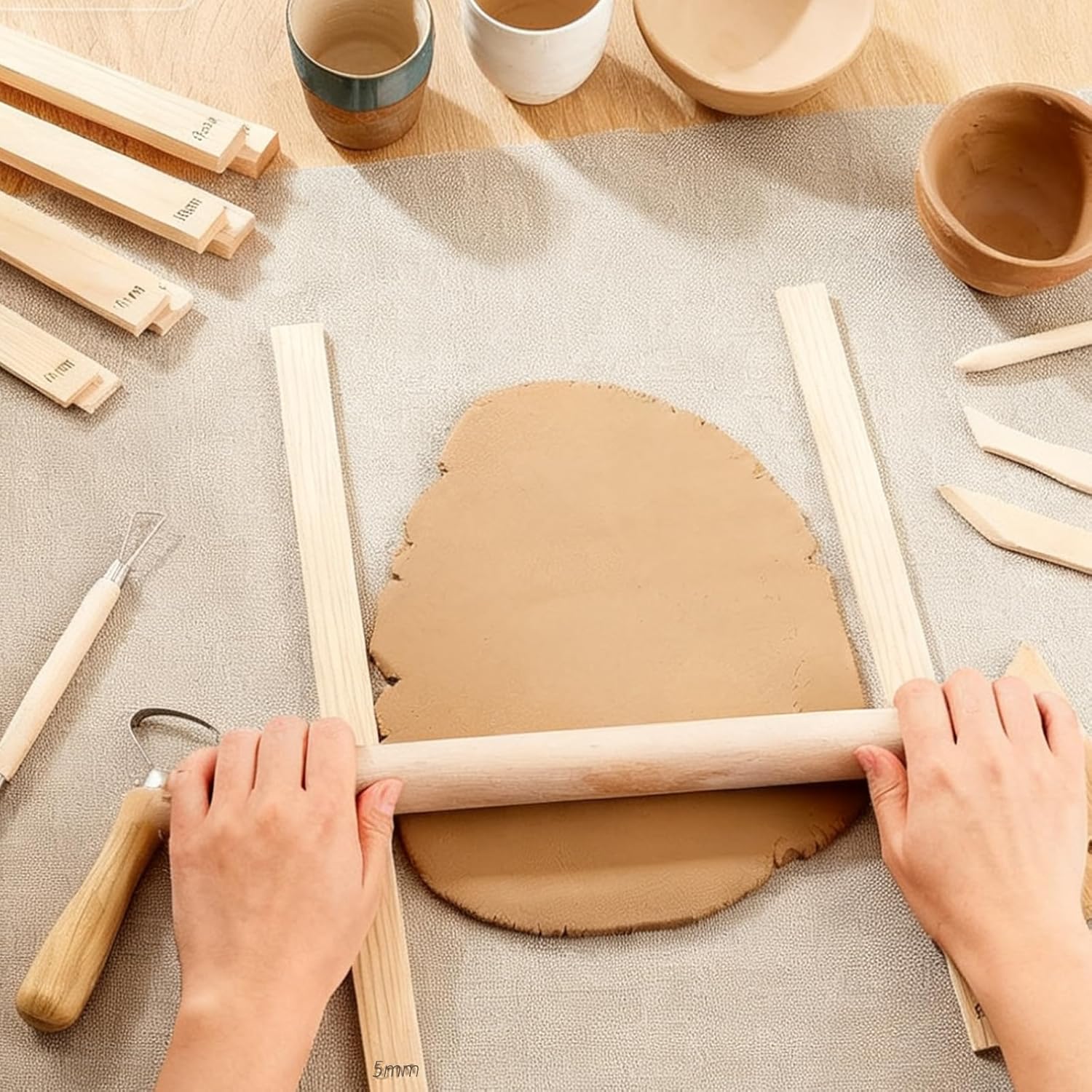 13 Pcs Pottery Tools, 5 Size Teaching Rolling Mud Stick Guide, Wood Rolling Pin, Pottery Special Linen, Clay Fabric, Sponge, Premium Pottery Tools for Hobbyists & Ceramic Artists