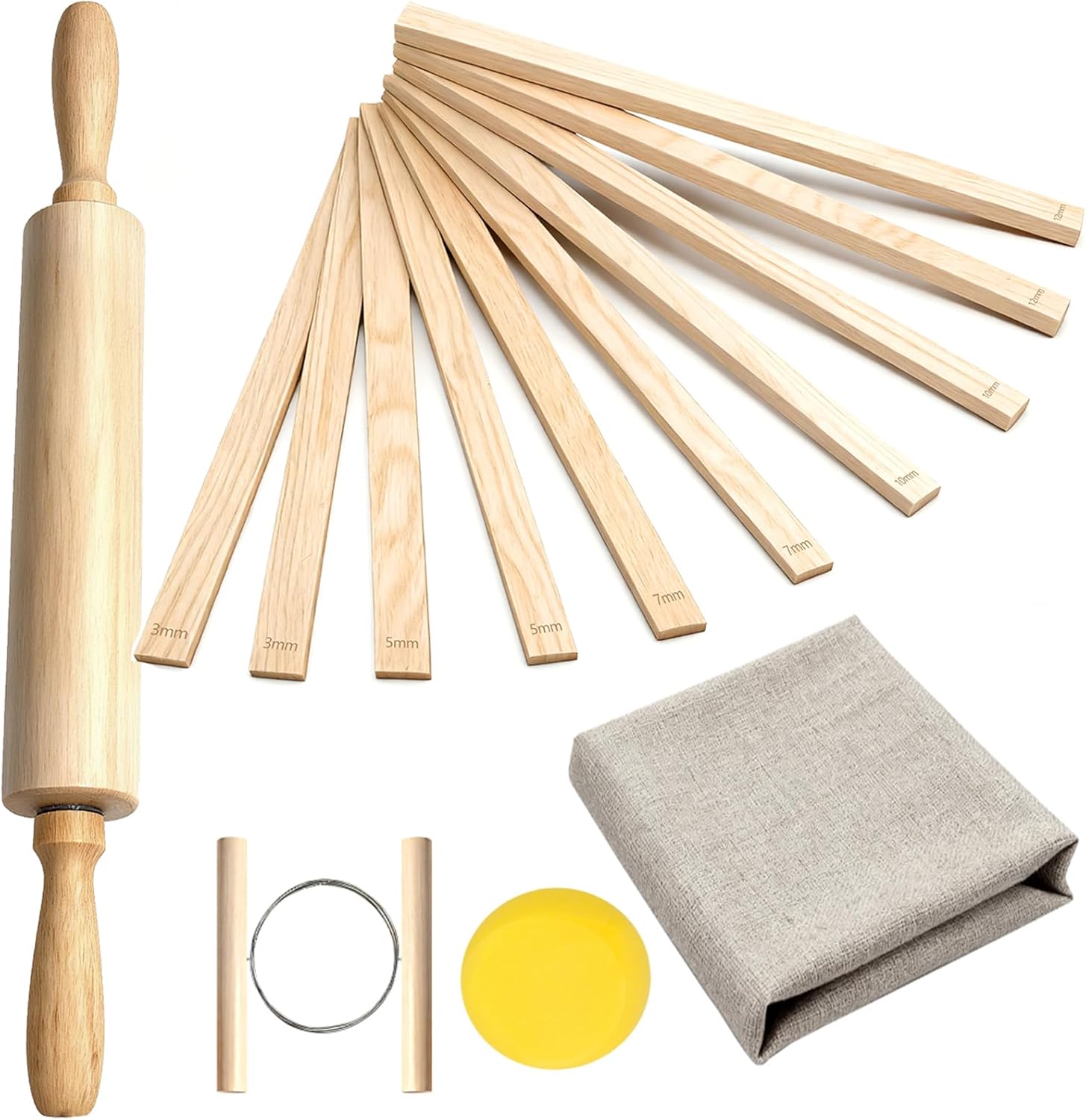 13 Pcs Pottery Tools, 5 Size Teaching Rolling Mud Stick Guide, Wood Rolling Pin, Pottery Special Linen, Clay Fabric, Sponge, Premium Pottery Tools for Hobbyists & Ceramic Artists